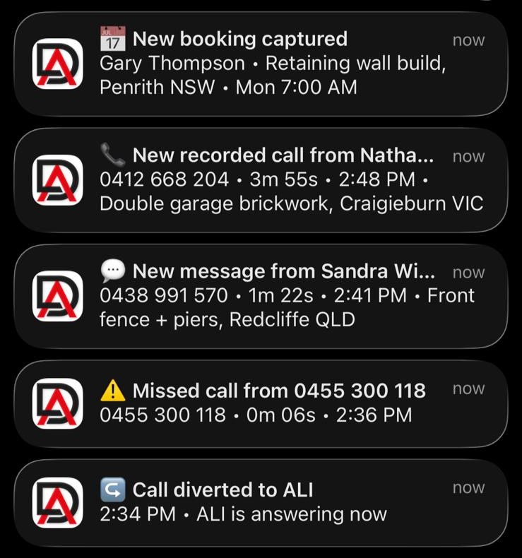 DeskAli notifications for a bricklaying business