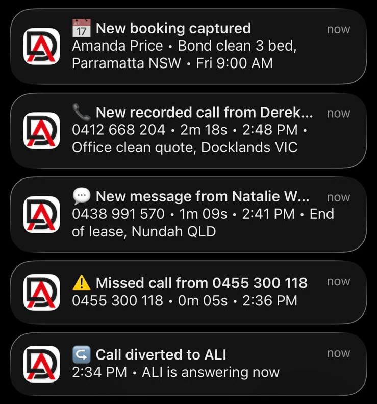 DeskAli notifications for a cleaning business