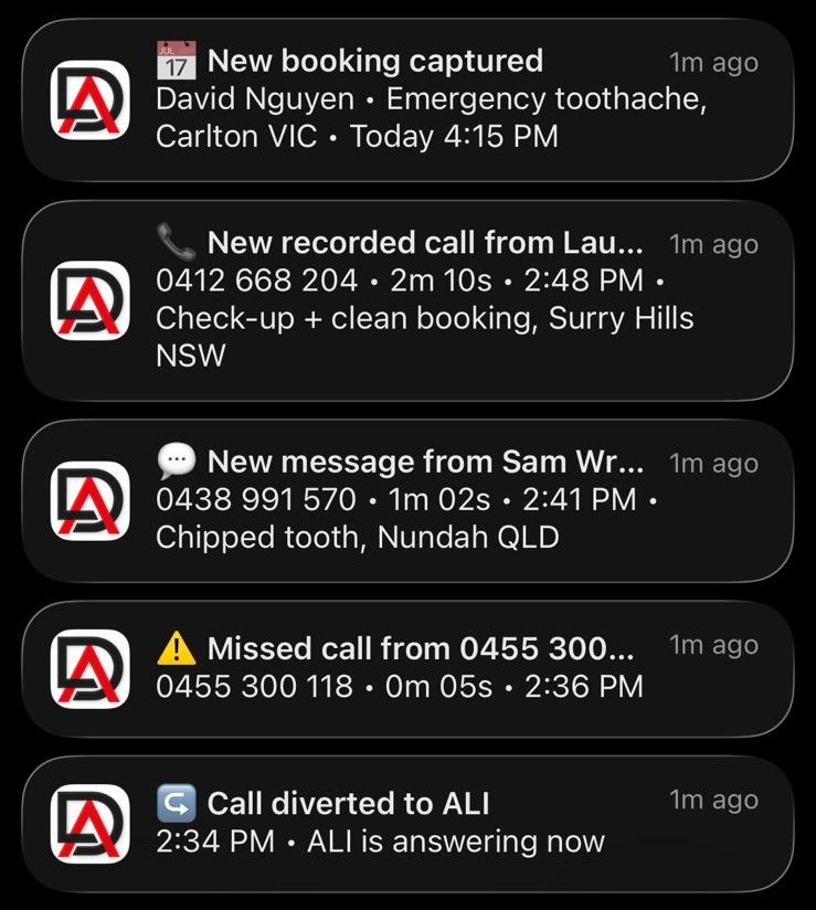 DeskAli notifications for a dental practice