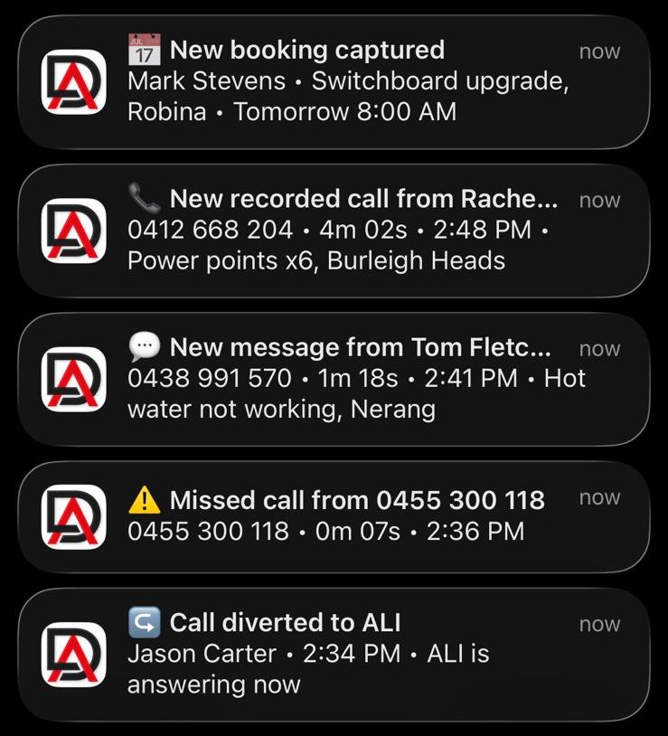 DeskAli notifications for an electrician