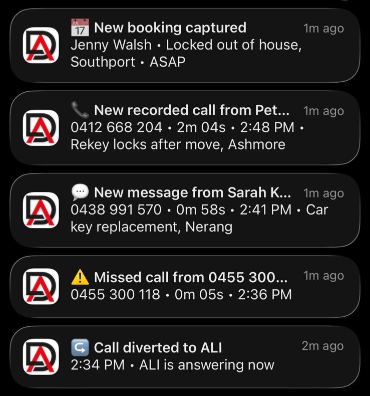 DeskAli notifications for a locksmith