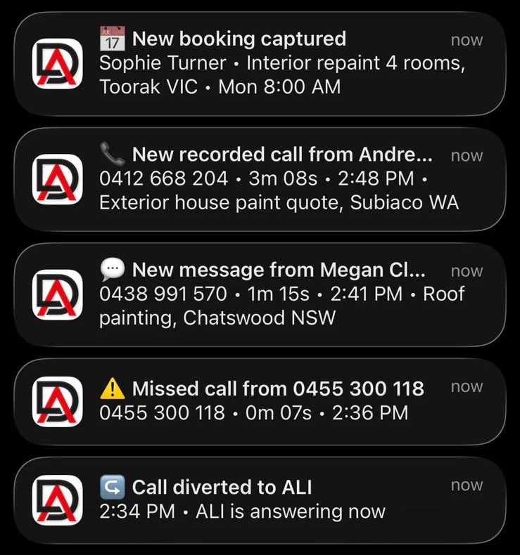 DeskAli notifications for a painter
