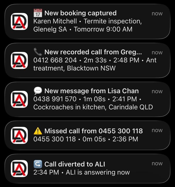 DeskAli notifications for a pest control business