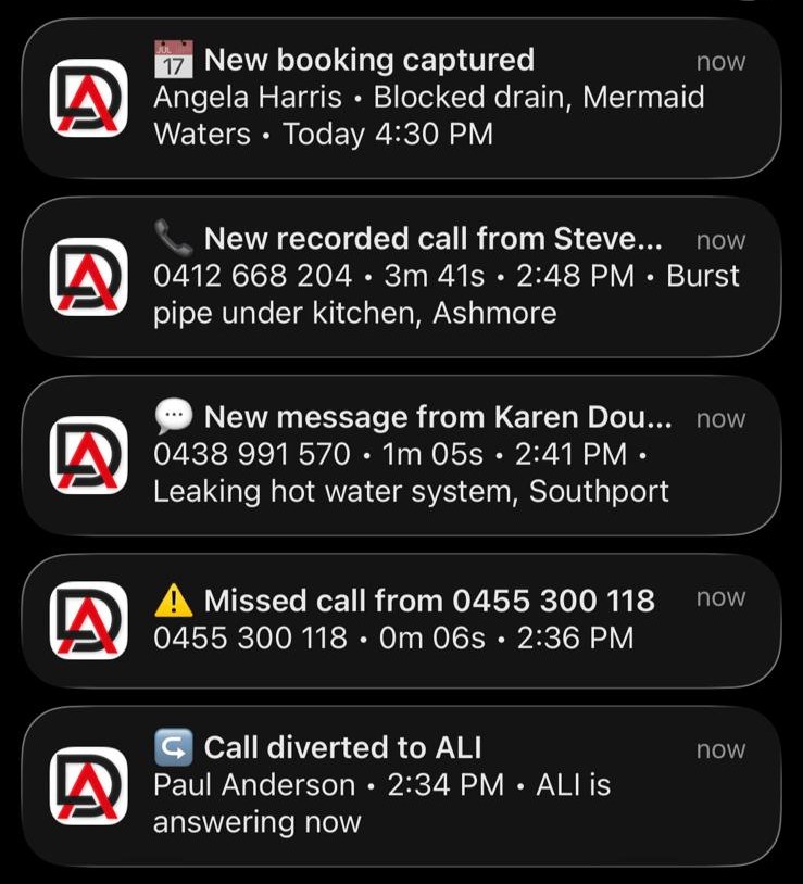 DeskAli notifications for a plumbing business