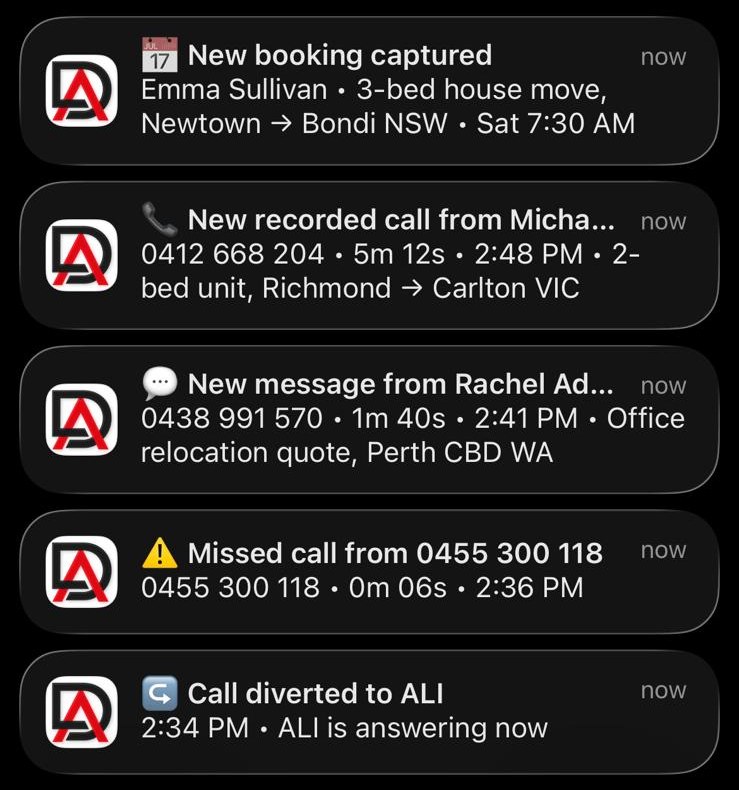 DeskAli notifications for a removalist