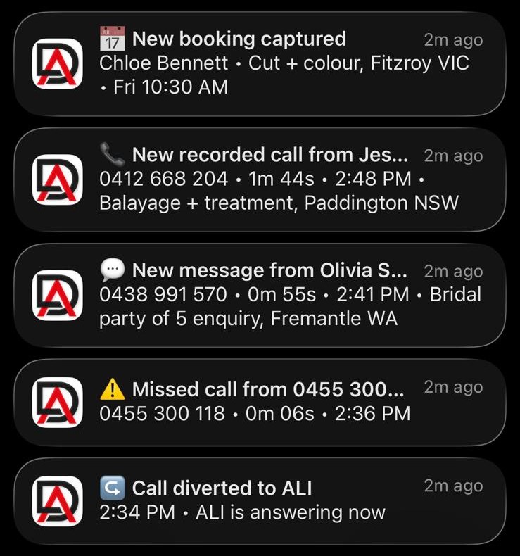 DeskAli notifications for a hair and beauty salon