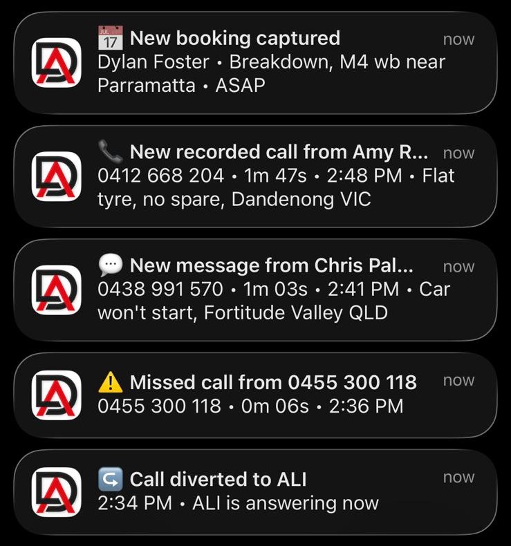 DeskAli notifications for a tow truck and roadside business