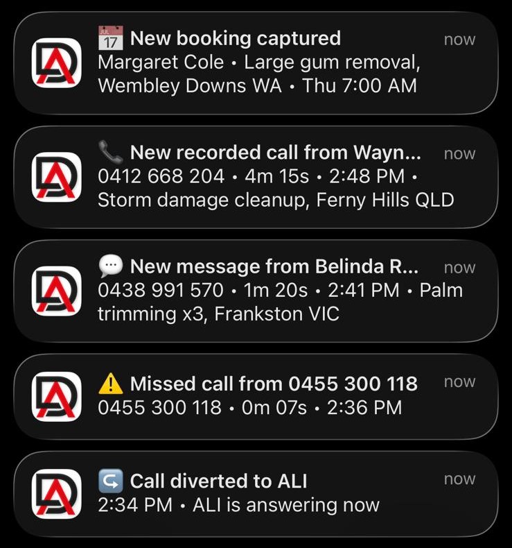 DeskAli notifications for a tree lopping business